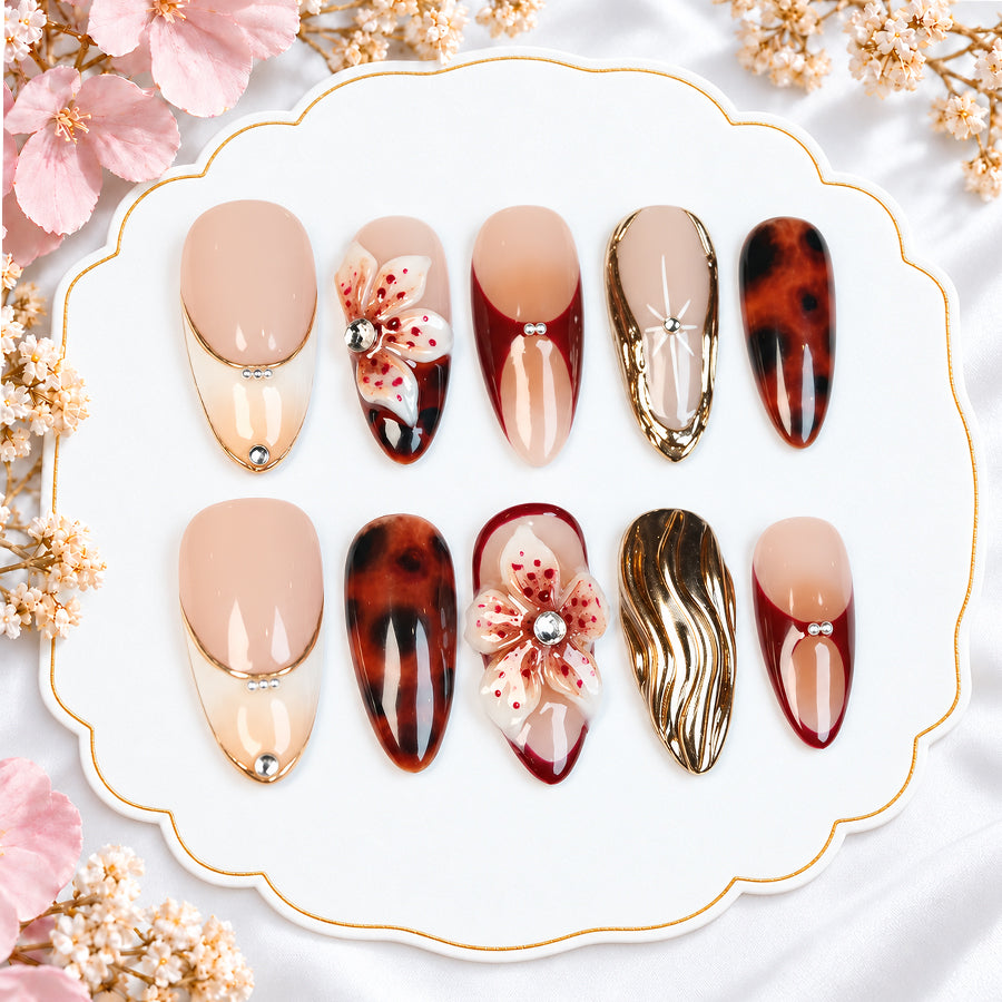 Luxury Handmade Press On Nails – Burgundy French Tip, Tortoiseshell & 3D Floral Nail Set