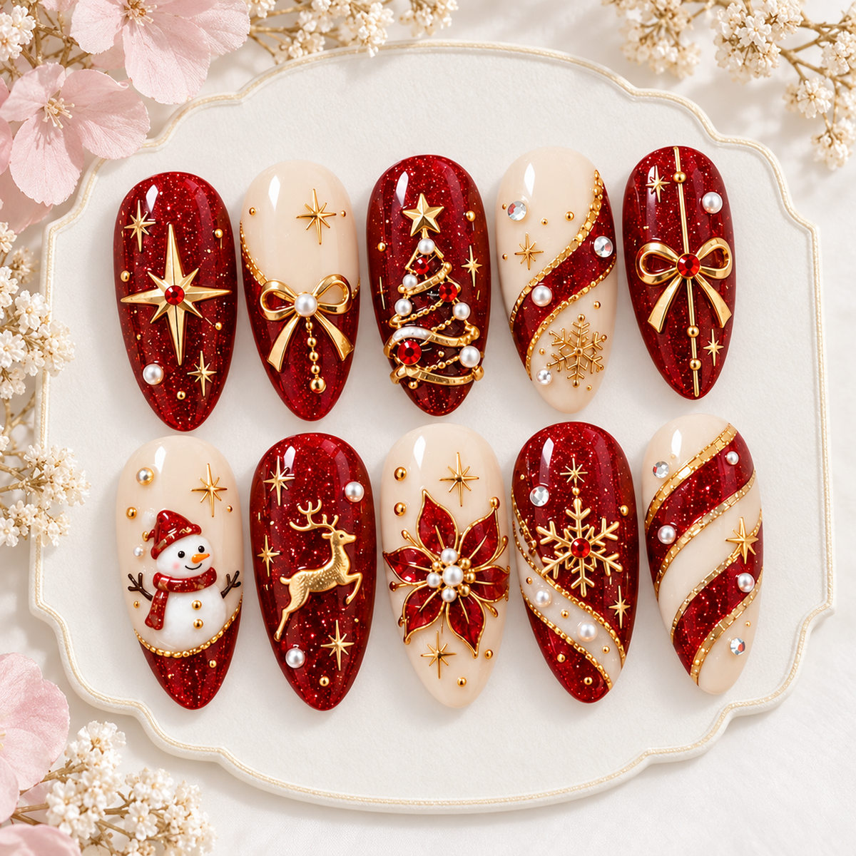 Red Christmas Press On Nails – Handmade Glitter Holiday Nails, Reindeer, Snowman & Poinsettia Design