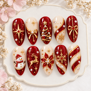 Red Christmas Press On Nails – Handmade Glitter Holiday Nails, Reindeer, Snowman & Poinsettia Design