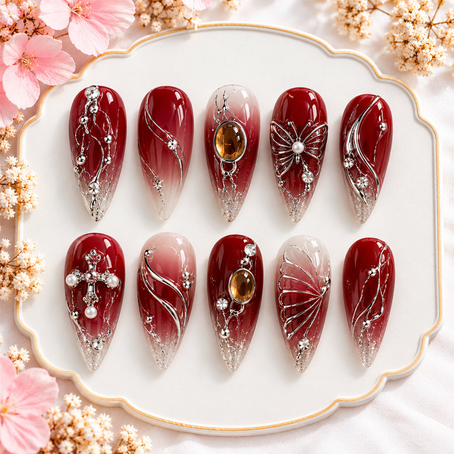 Burgundy Press On Nails | Silver Chrome, Butterfly & Cross Nails | Gothic Glam & Concert Nails | Handmade Nail Set
