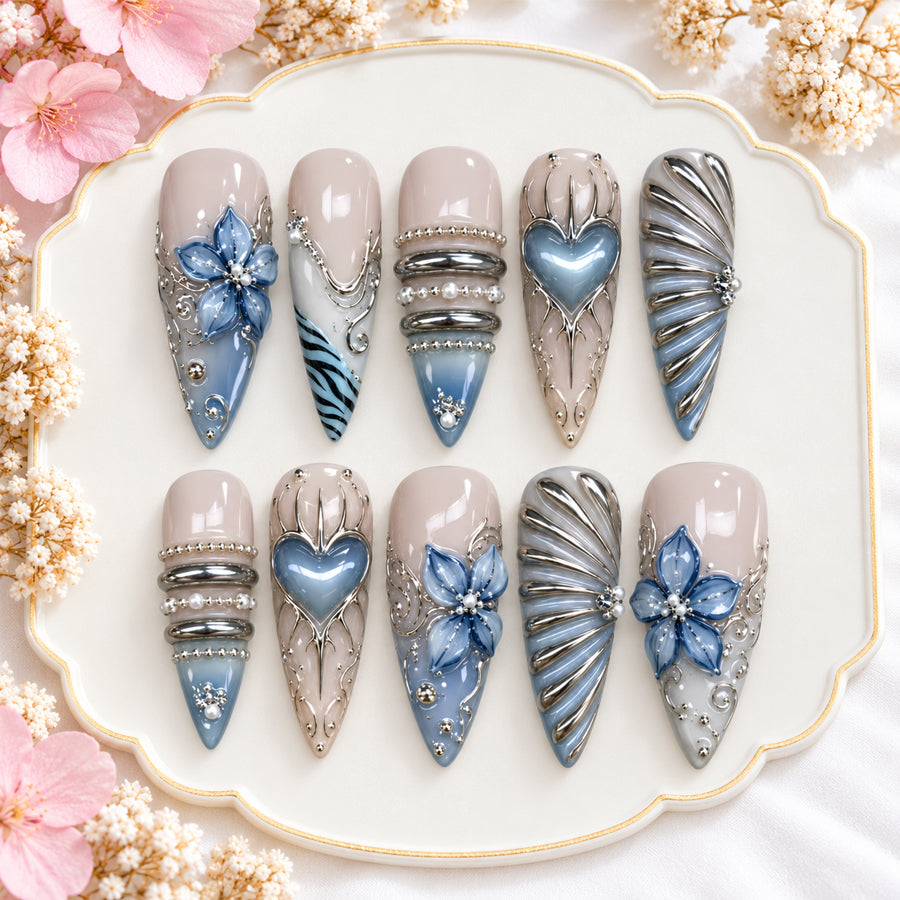 Dusty Blue & Silver Press On Nails | 3D Flower & Heart Nails | Birthday & Bridal Nails | Handmade Nail Set