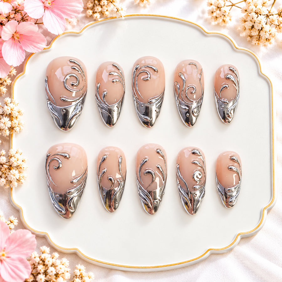 Nude & Silver Chrome Press On Nails | Metallic French Tip & 3D Swirl Nails | Everyday Chic & Evening Nails | Handmade Nail Set