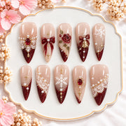 Burgundy Christmas Press On Nails | Pearl Lace, Bow & Snowflake Nails | Holiday & Winter Wedding Nails | Handmade Nail Set