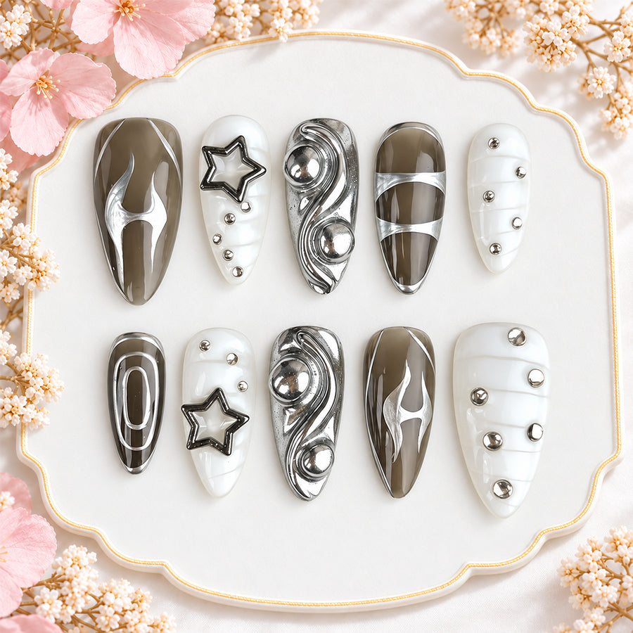 Silver Chrome Press On Nails | Taupe & Milky White Star Nails | Street Style & Concert Nails | Handmade 3D Nail Set