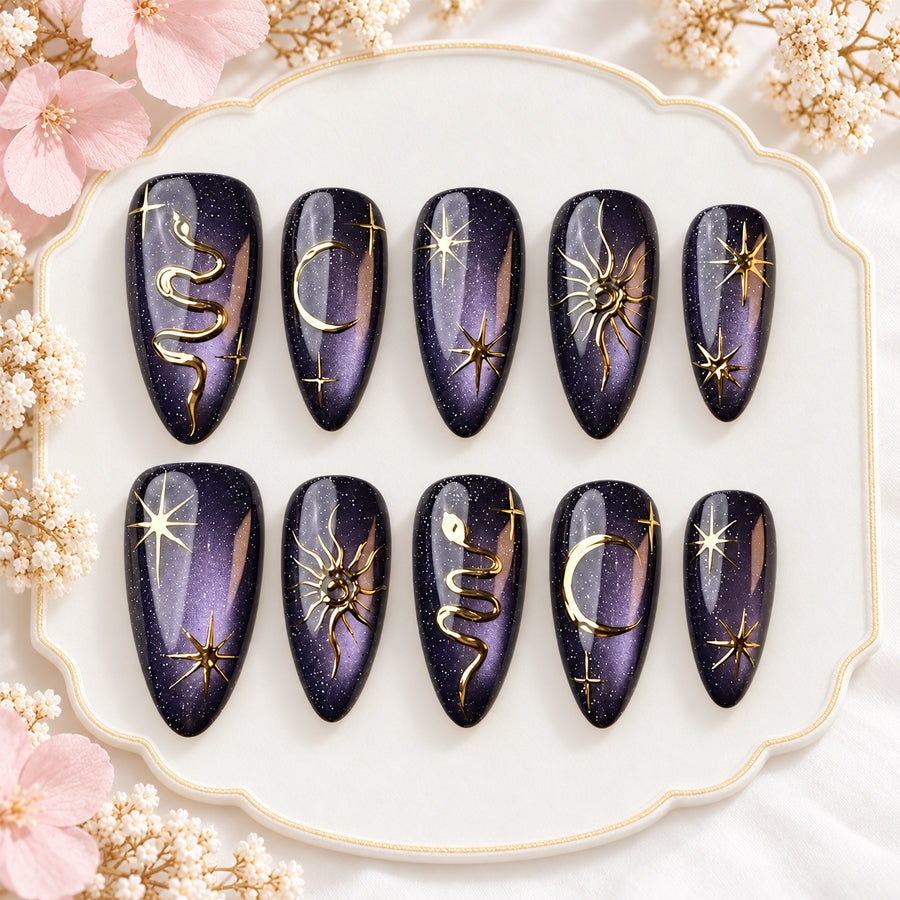 Purple Cat Eye Press On Nails | Gold Sun Moon Star & Snake Nails | Party & Date Night Nails | Handmade Celestial Nail Set