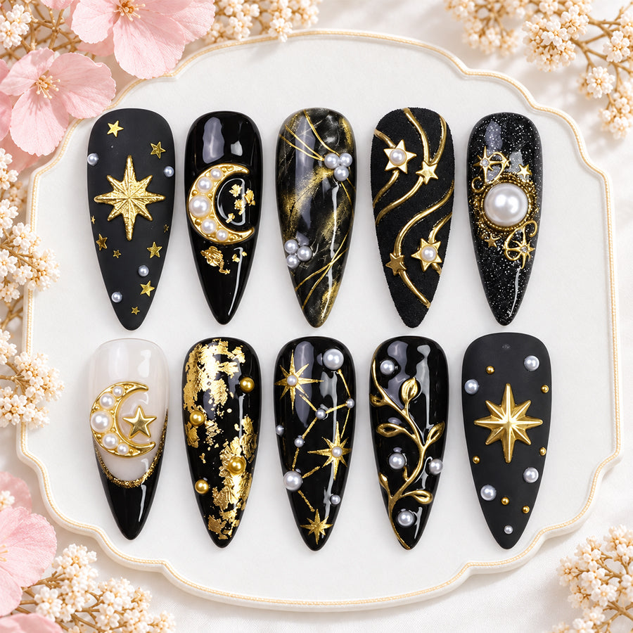 Black & Gold Press On Nails | Moon Star & Pearl Nails | Party & Date Night Nails | Handmade Celestial Nail Set