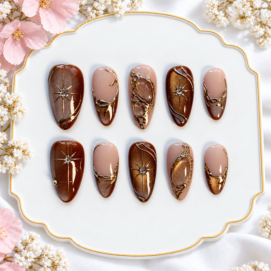 Amber Cat Eye, Gold Chrome & Starburst Nail Set – Luxury Handmade Press On Nails