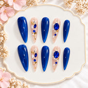 Royal Blue Press On Nails | Nude Rhinestone, Pearl & Gold Accent Nails | Prom & Wedding Guest Nails | Handmade Nail Set
