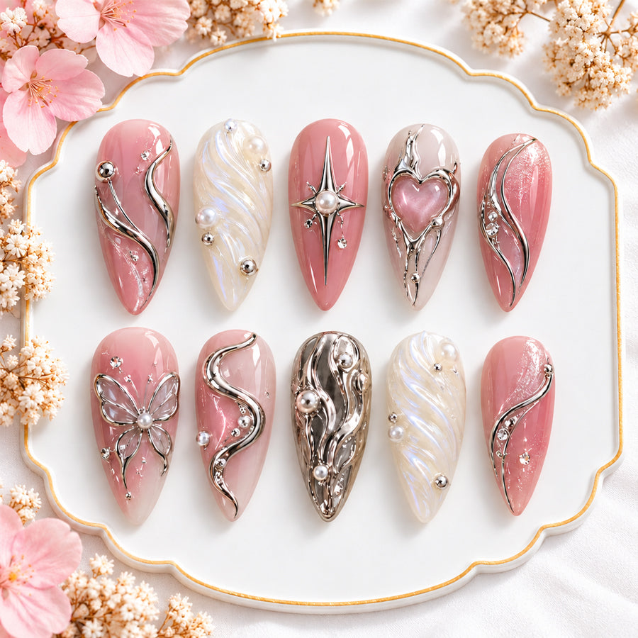 Pink & Pearl Press On Nails | Silver Chrome Heart & Butterfly Nails | Romantic Weekend & Anniversary Nails | Handmade Nail Set