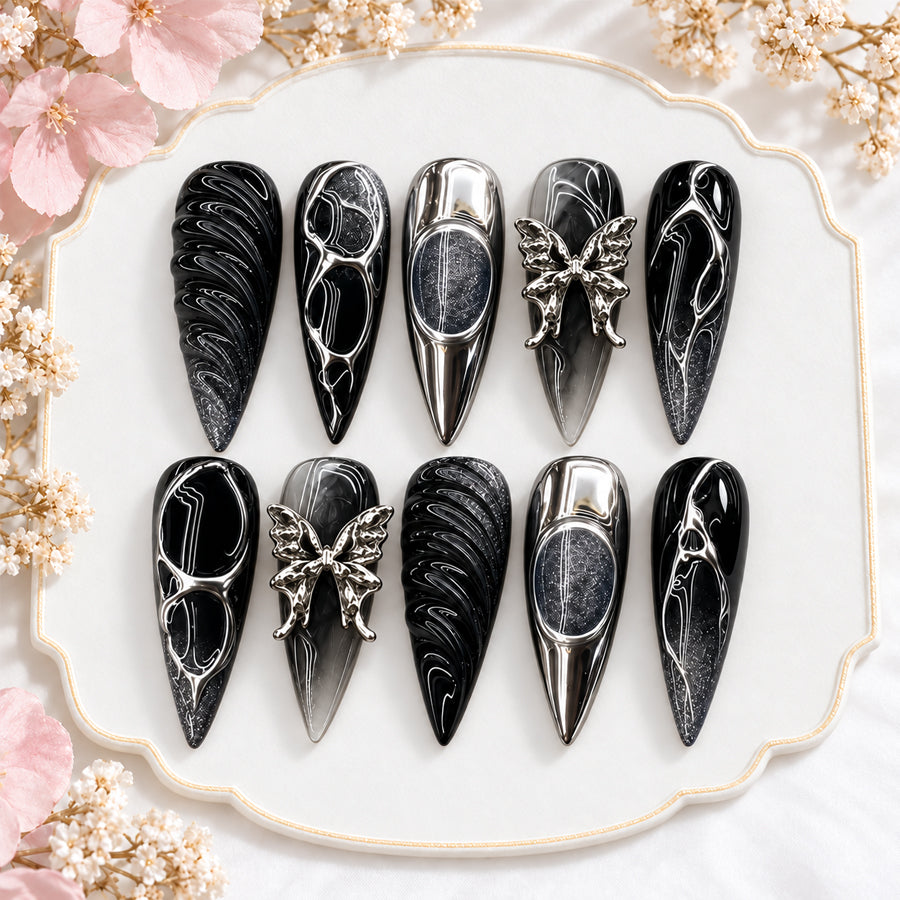 Black & Silver Chrome, 3D Butterfly Nail Set – Luxury Handmade Press On Nails