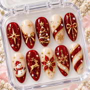 Red Christmas Press On Nails – Handmade Glitter Holiday Nails, Reindeer, Snowman & Poinsettia Design