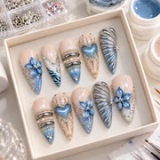 Dusty Blue & Silver Press On Nails | 3D Flower & Heart Nails | Birthday & Bridal Nails | Handmade Nail Set