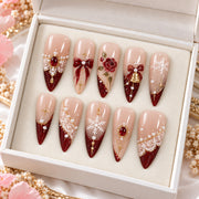Burgundy Christmas Press On Nails | Pearl Lace, Bow & Snowflake Nails | Holiday & Winter Wedding Nails | Handmade Nail Set
