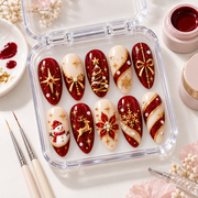 Red Christmas Press On Nails – Handmade Glitter Holiday Nails, Reindeer, Snowman & Poinsettia Design