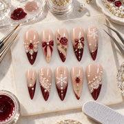 Burgundy Christmas Press On Nails | Pearl Lace, Bow & Snowflake Nails | Holiday & Winter Wedding Nails | Handmade Nail Set
