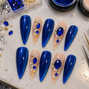 Royal Blue Press On Nails | Nude Rhinestone, Pearl & Gold Accent Nails | Prom & Wedding Guest Nails | Handmade Nail Set