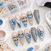 Dusty Blue & Silver Press On Nails | 3D Flower & Heart Nails | Birthday & Bridal Nails | Handmade Nail Set