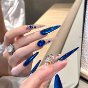 Royal Blue Press On Nails | Nude Rhinestone, Pearl & Gold Accent Nails | Prom & Wedding Guest Nails | Handmade Nail Set