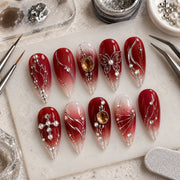 Burgundy Press On Nails | Silver Chrome, Butterfly & Cross Nails | Gothic Glam & Concert Nails | Handmade Nail Set
