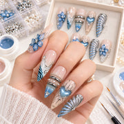 Dusty Blue & Silver Press On Nails | 3D Flower & Heart Nails | Birthday & Bridal Nails | Handmade Nail Set