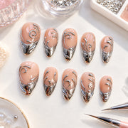 Nude & Silver Chrome Press On Nails | Metallic French Tip & 3D Swirl Nails | Everyday Chic & Evening Nails | Handmade Nail Set